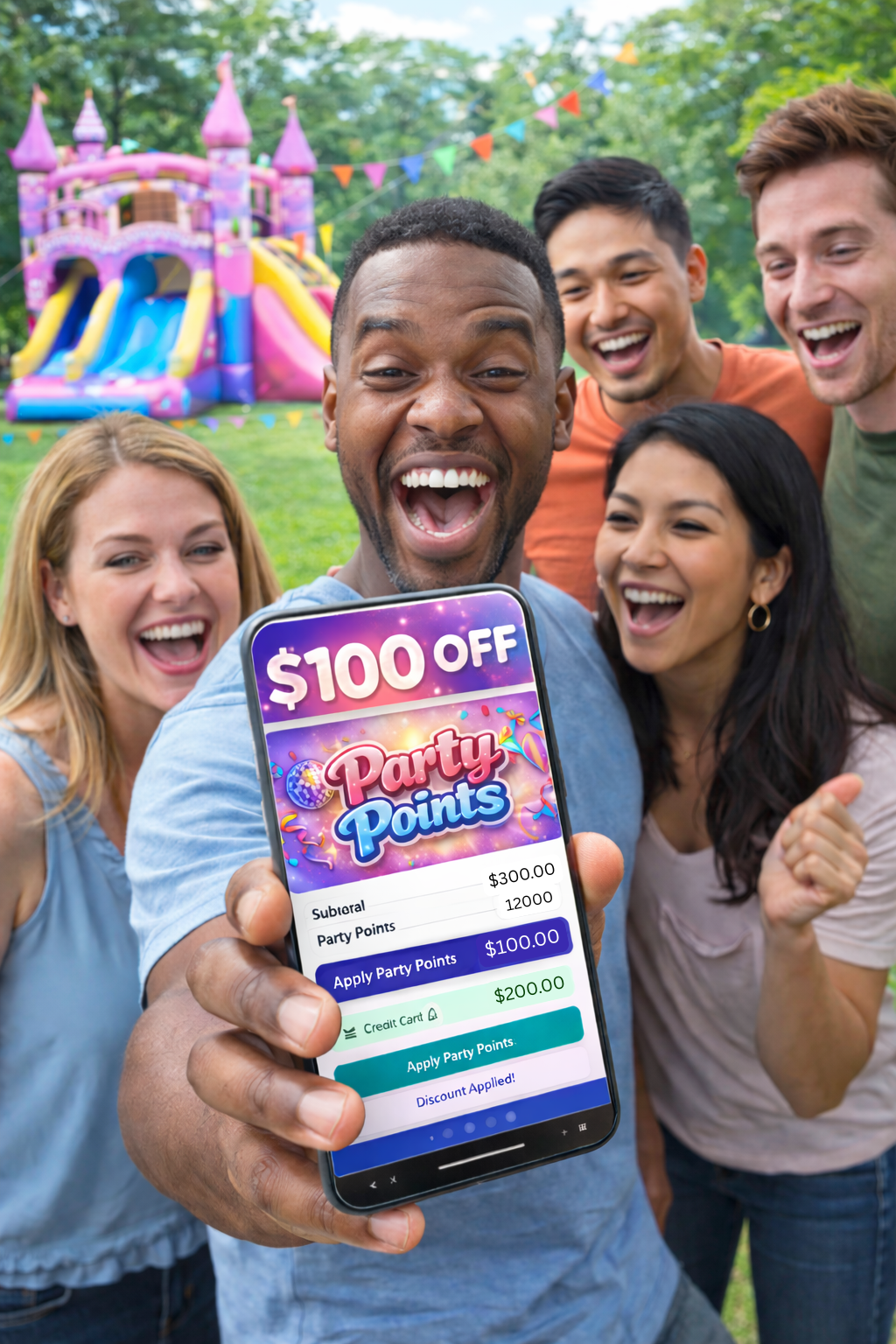 Happy customer showing off Party Points savings on a princess slide rental