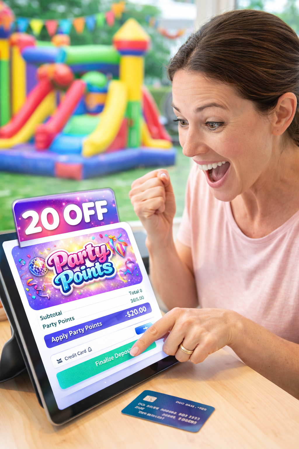 Excited mom using Party Points on a tablet for a party rental booking